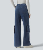 High Waisted Casual Cargo Bootcut Jeans with Pockets — Estate Blue Denim — view 3