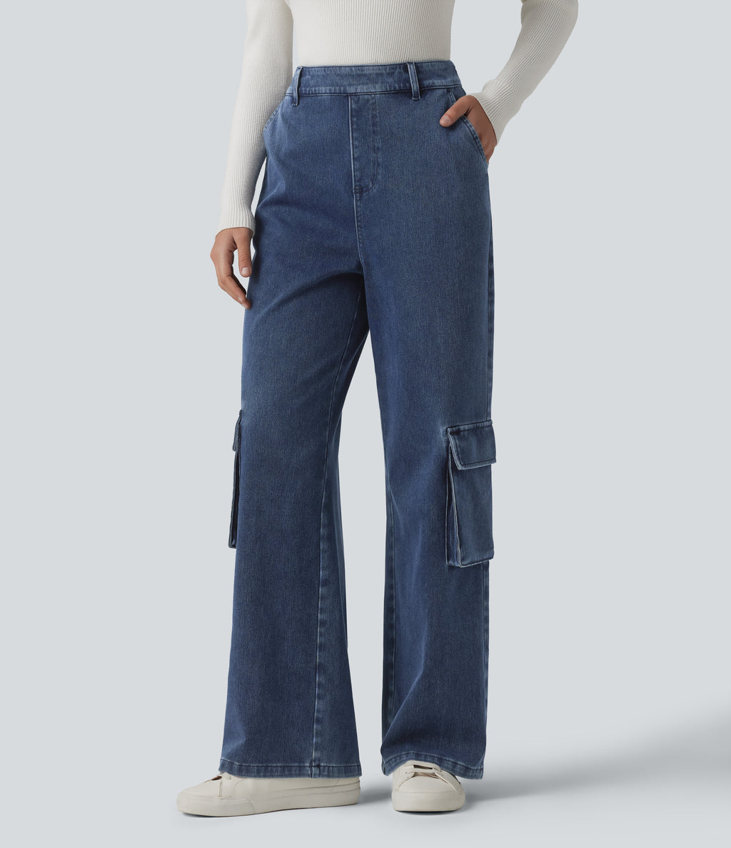 High Waisted Casual Cargo Bootcut Jeans with Pockets — Estate Blue Denim — view 2