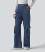 High Waisted Casual Cargo Bootcut Jeans with Pockets — Estate Blue Denim — view 2