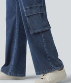 High Waisted Casual Cargo Bootcut Jeans with Pockets — Estate Blue Denim — view 6