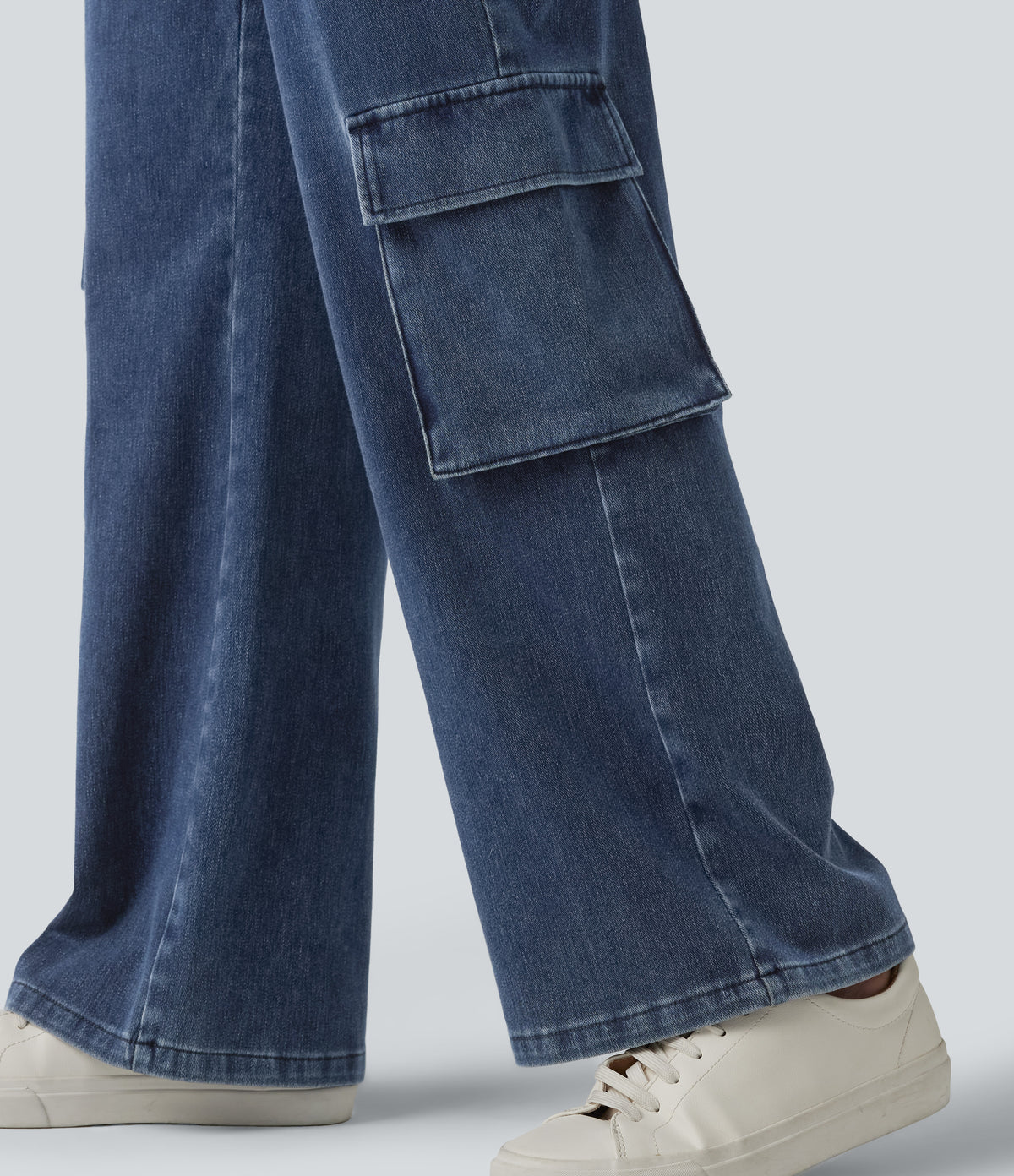 High Waisted Casual Cargo Bootcut Jeans with Pockets — Estate Blue Denim — view 6