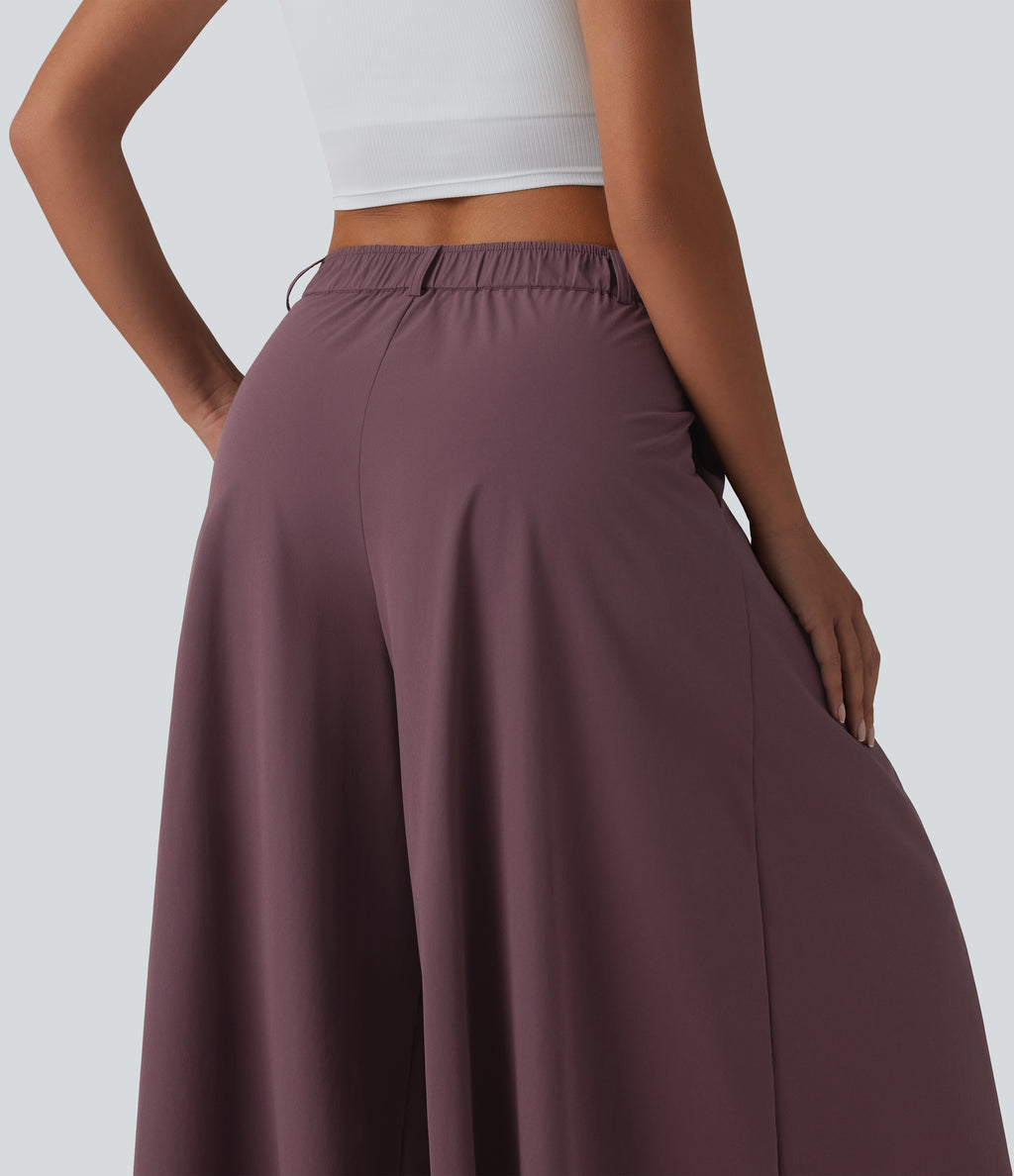 Mid Rise Pleated 7/8 Casual Culottes Trousers with Pockets — Plum Wine — view 5