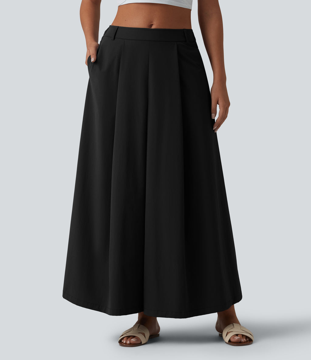 Mid Rise Pleated 7/8 Casual Culottes Trousers with Pockets — Black — view 8