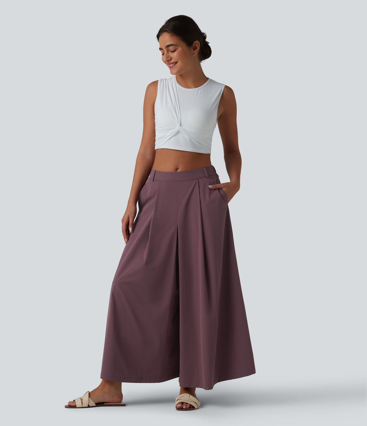 Mid Rise Pleated 7/8 Casual Culottes Trousers with Pockets — Plum Wine — view 6