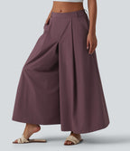Mid Rise Pleated 7/8 Casual Culottes Trousers with Pockets — Plum Wine — view 3