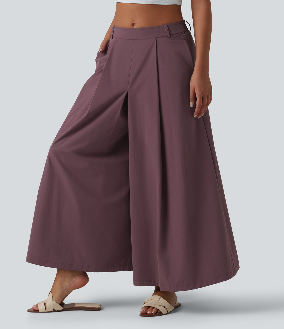 Mid Rise Pleated 7/8 Casual Culottes Trousers with Pockets — Plum Wine — view 3