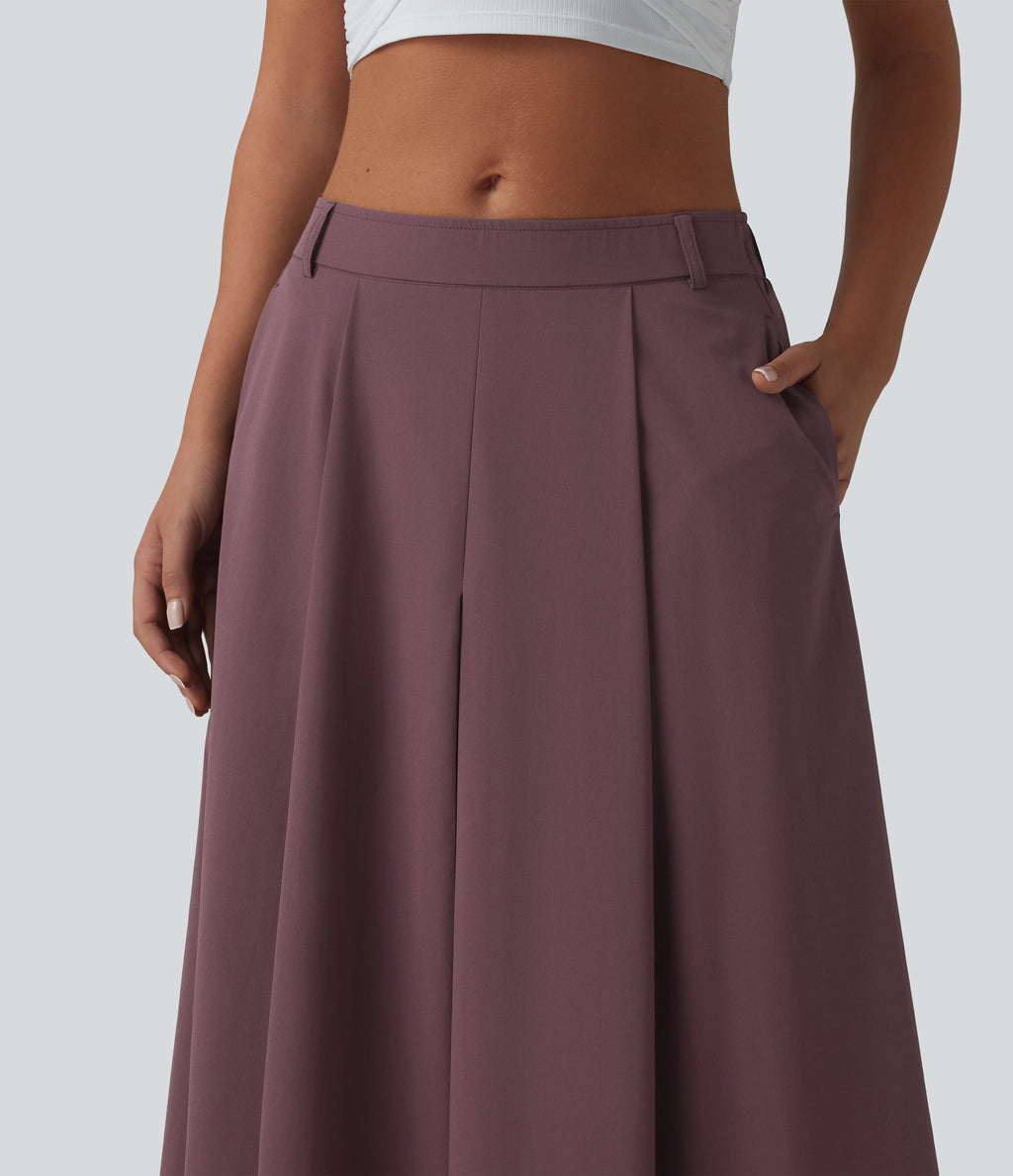 Mid Rise Pleated 7/8 Casual Culottes Trousers with Pockets — Plum Wine — view 4