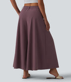 Mid Rise Pleated 7/8 Casual Culottes Trousers with Pockets — Plum Wine — view 2
