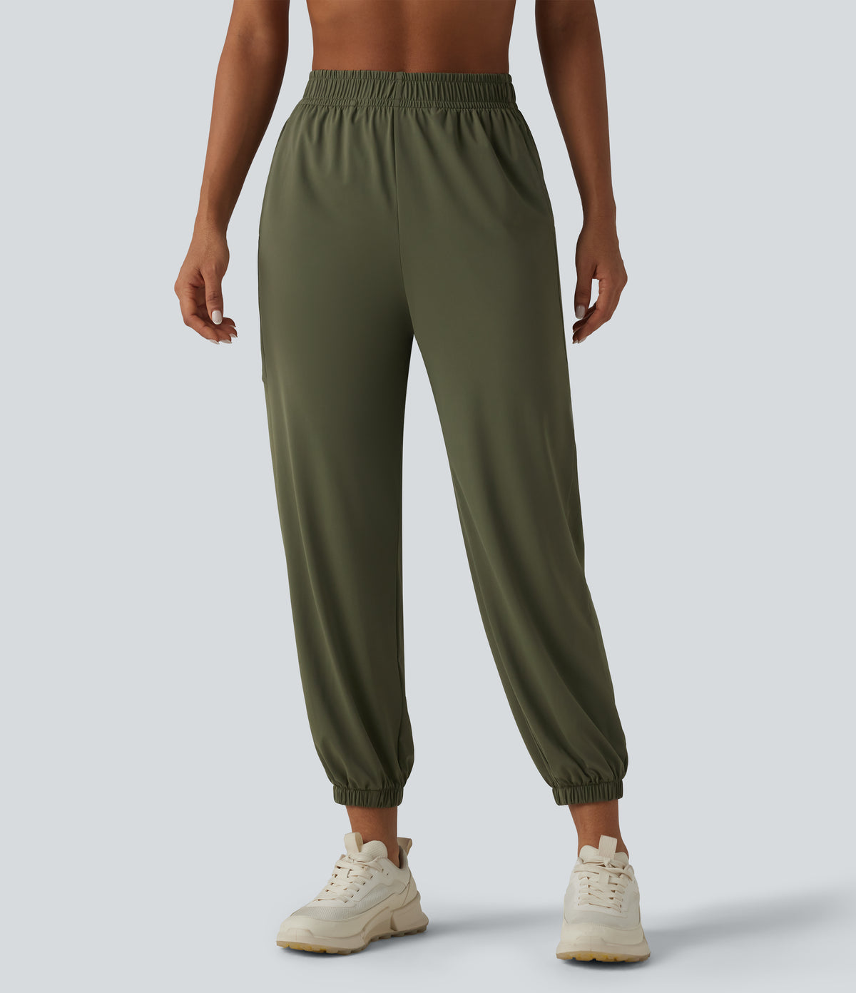 High Waisted Contrast Mesh InstantCool Workout Joggers with Pockets-UPF50+ — Grass Grey Green — view 1