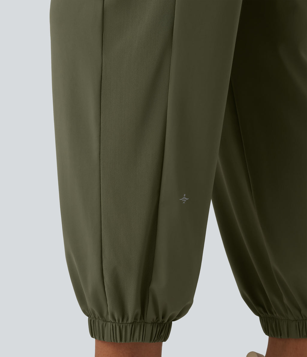 High Waisted Contrast Mesh InstantCool Workout Joggers with Pockets-UPF50+ — Grass Grey Green — view 6