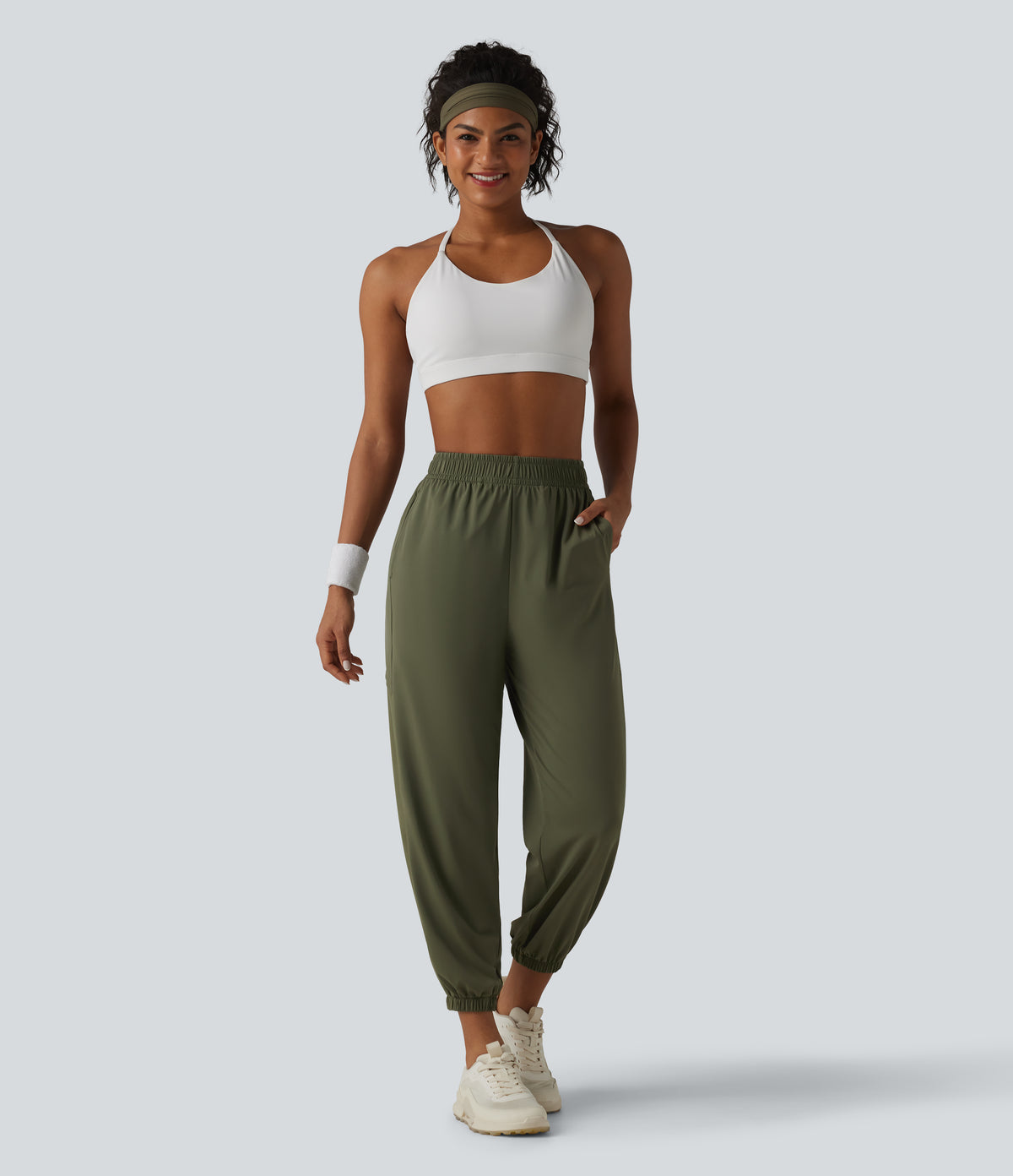 High Waisted Contrast Mesh InstantCool Workout Joggers with Pockets-UPF50+ — Grass Grey Green — view 7