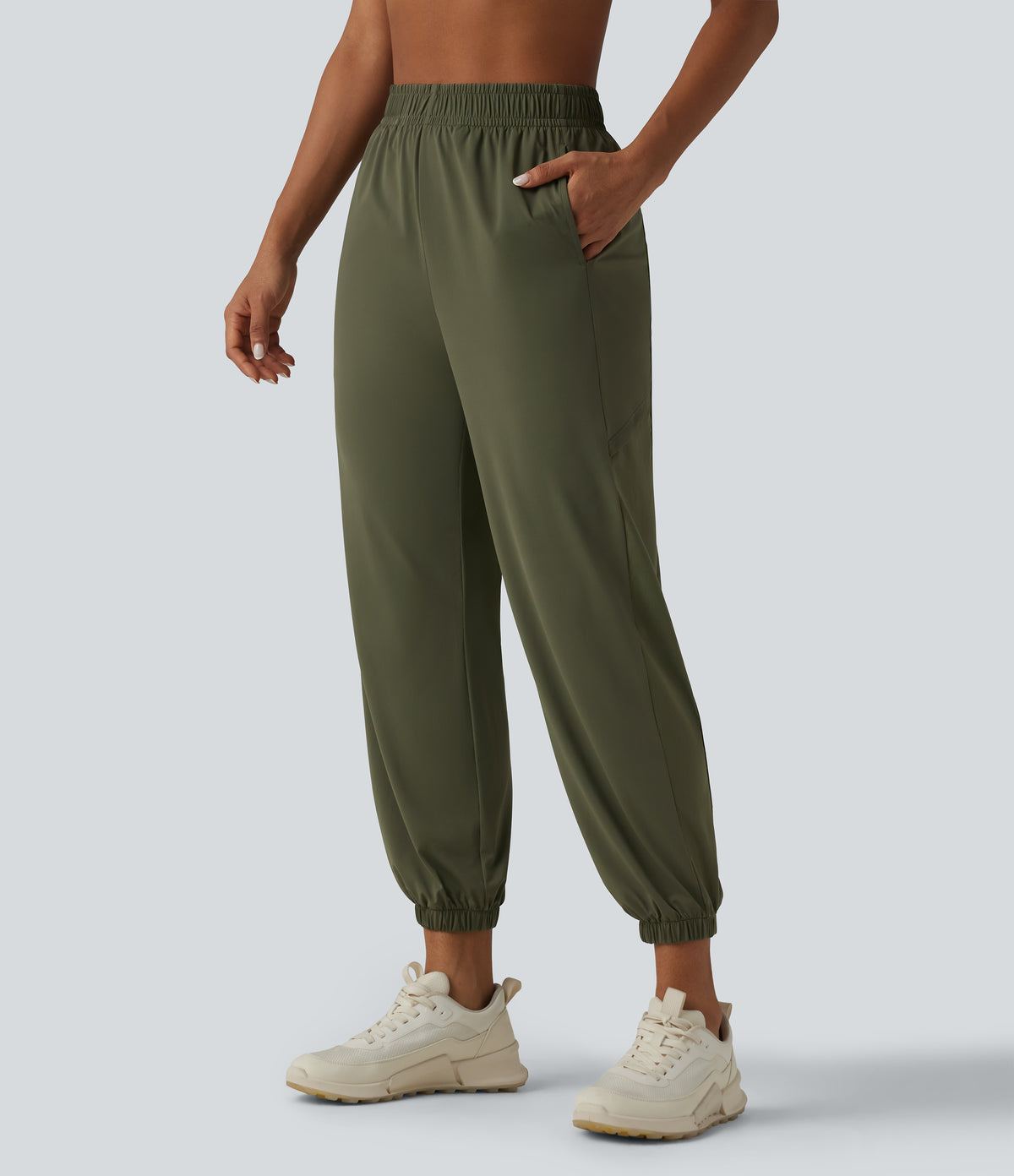 High Waisted Contrast Mesh InstantCool Workout Joggers with Pockets-UPF50+ — Grass Grey Green — view 2