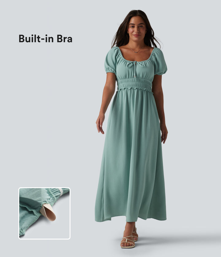 Square Neck Puff Sleeve Shirred Built-in Bra Maxi Casual Flowy Linen-Feel Dress with Pockets — Stone Blue — view 1
