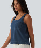 U Neck Denim Casual Tank Top with Pocket — Tide Blue Denim — view 4