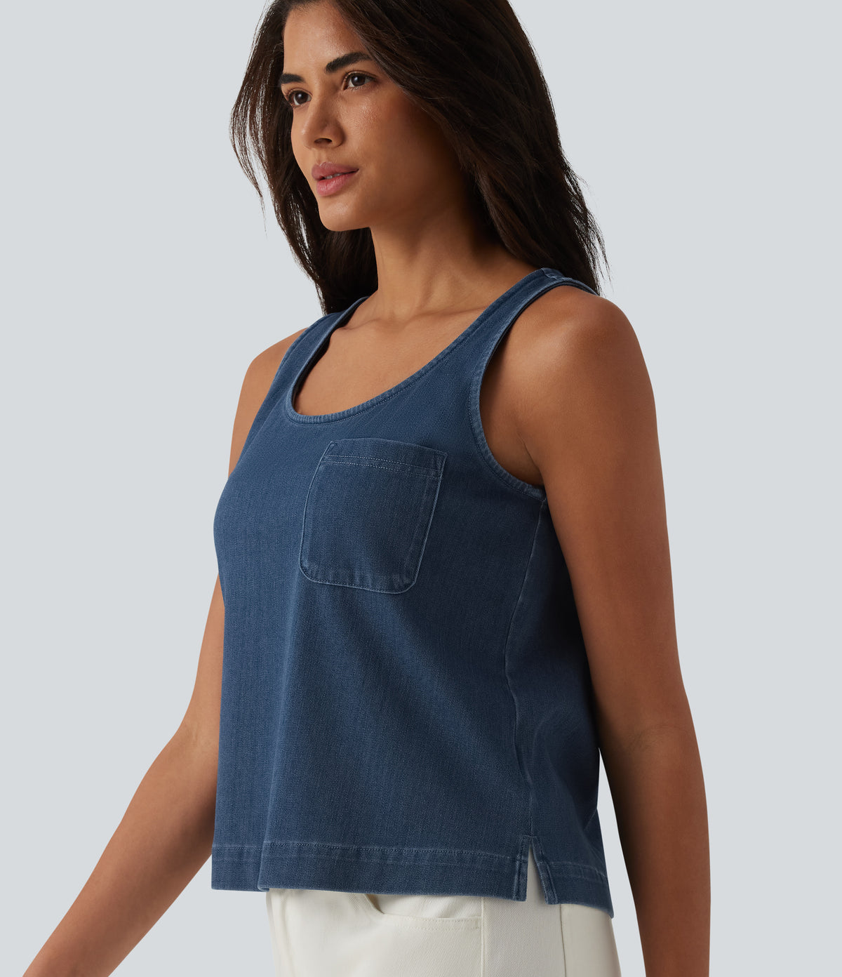 U Neck Denim Casual Tank Top with Pocket — Tide Blue Denim — view 4