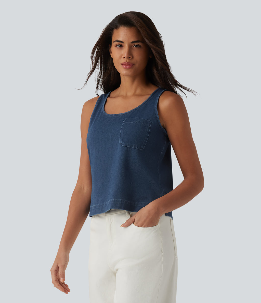 U Neck Denim Casual Tank Top with Pocket — Tide Blue Denim — view 1