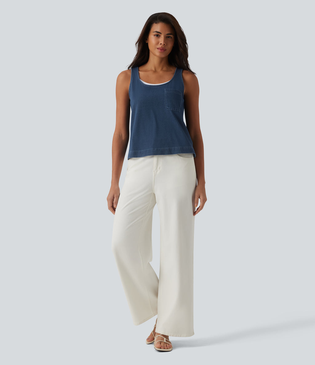U Neck Denim Casual Tank Top with Pocket — Tide Blue Denim — view 5