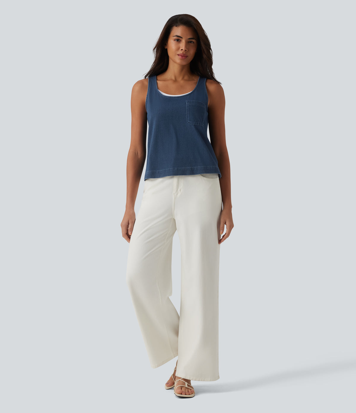 U Neck Denim Casual Tank Top with Pocket — Tide Blue Denim — view 5