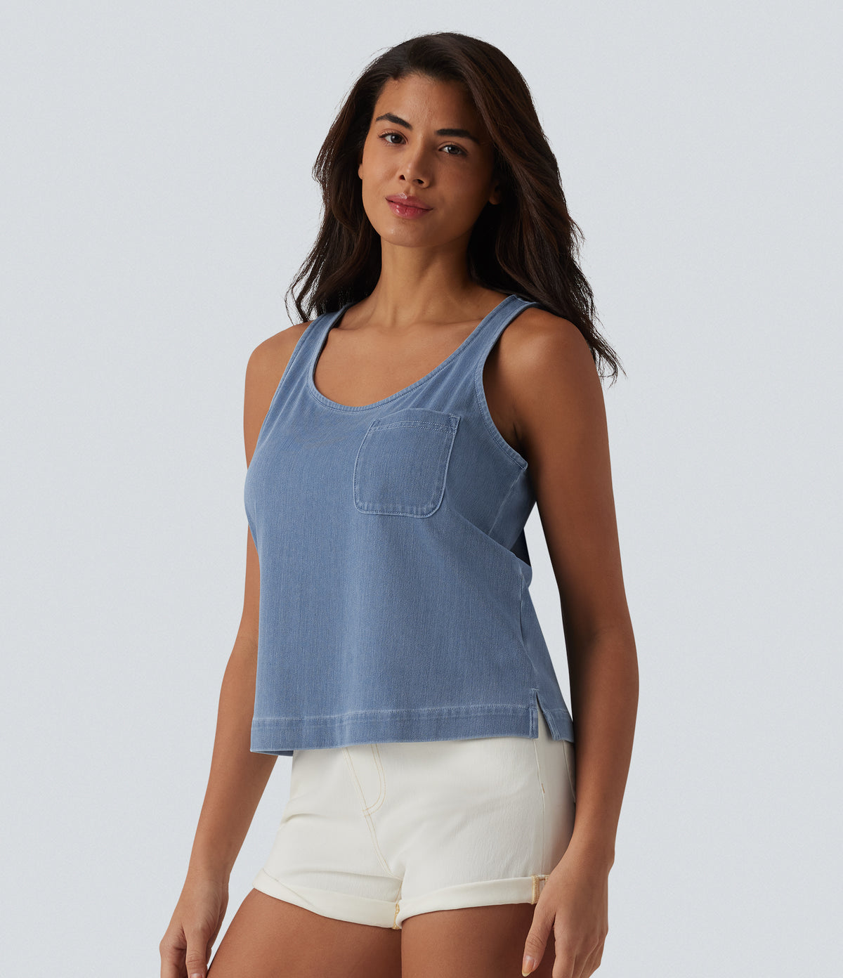 U Neck Denim Casual Tank Top with Pocket — Malibu Blue Denim — view 6