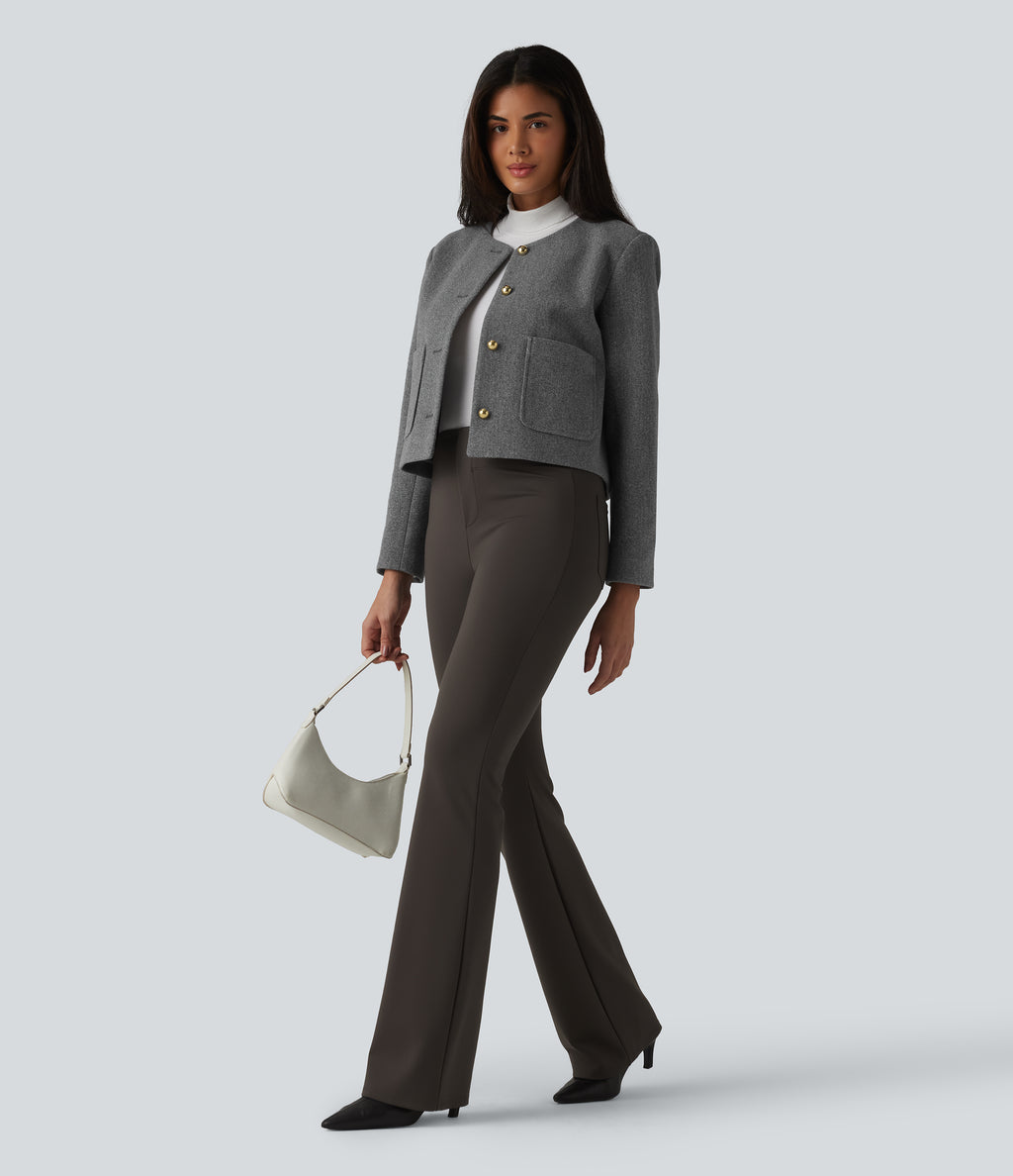 Round Neck Button Fly Work Jacket with Pockets — Darl Gray Floral Yarn — view 6