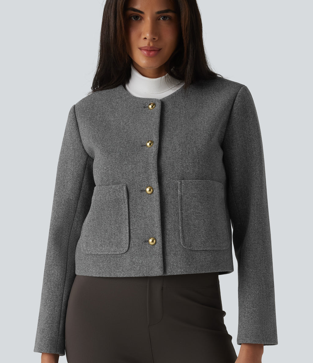 Round Neck Button Fly Work Jacket with Pockets — Darl Gray Floral Yarn — view 5