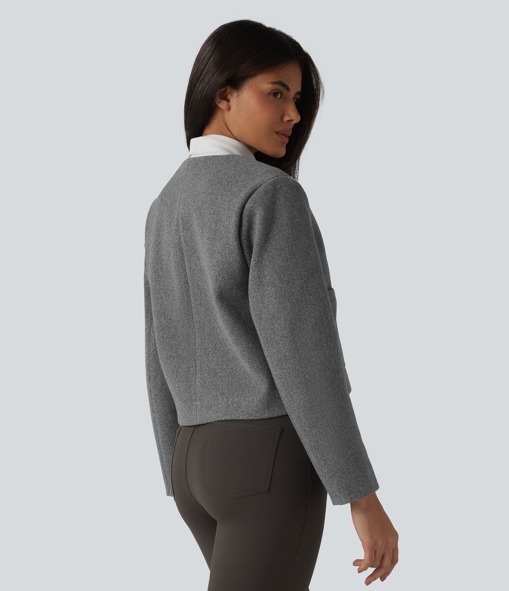 Round Neck Button Fly Work Jacket with Pockets — Darl Gray Floral Yarn — view 2