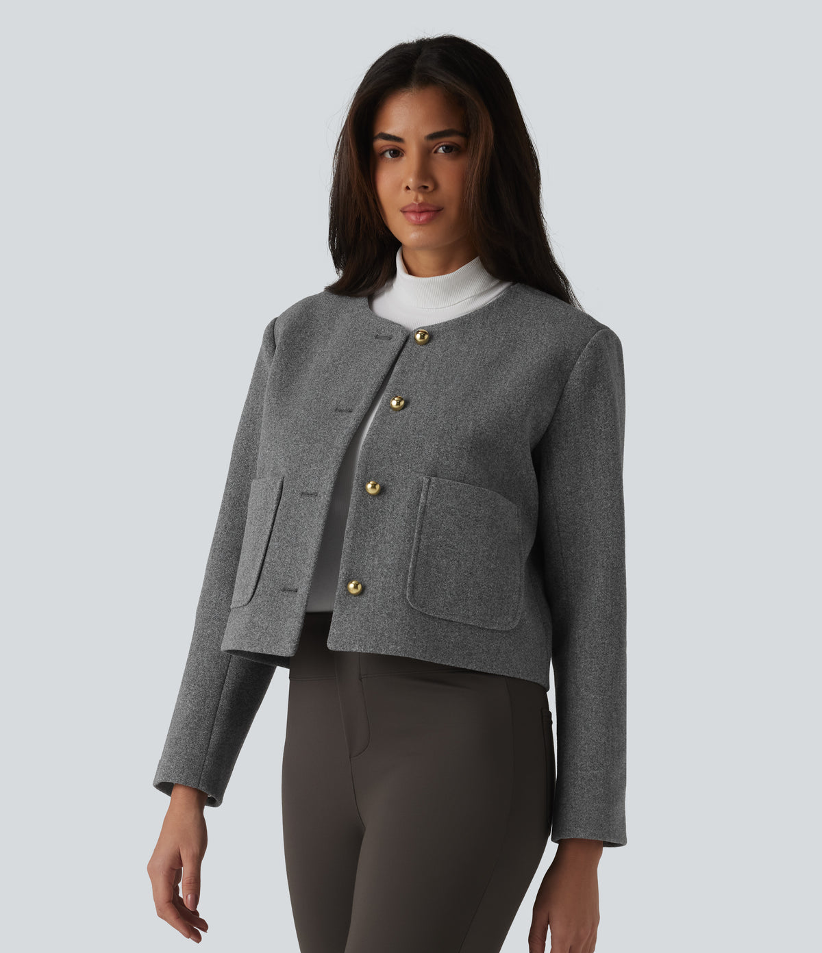 Round Neck Button Fly Work Jacket with Pockets — Darl Gray Floral Yarn — view 3