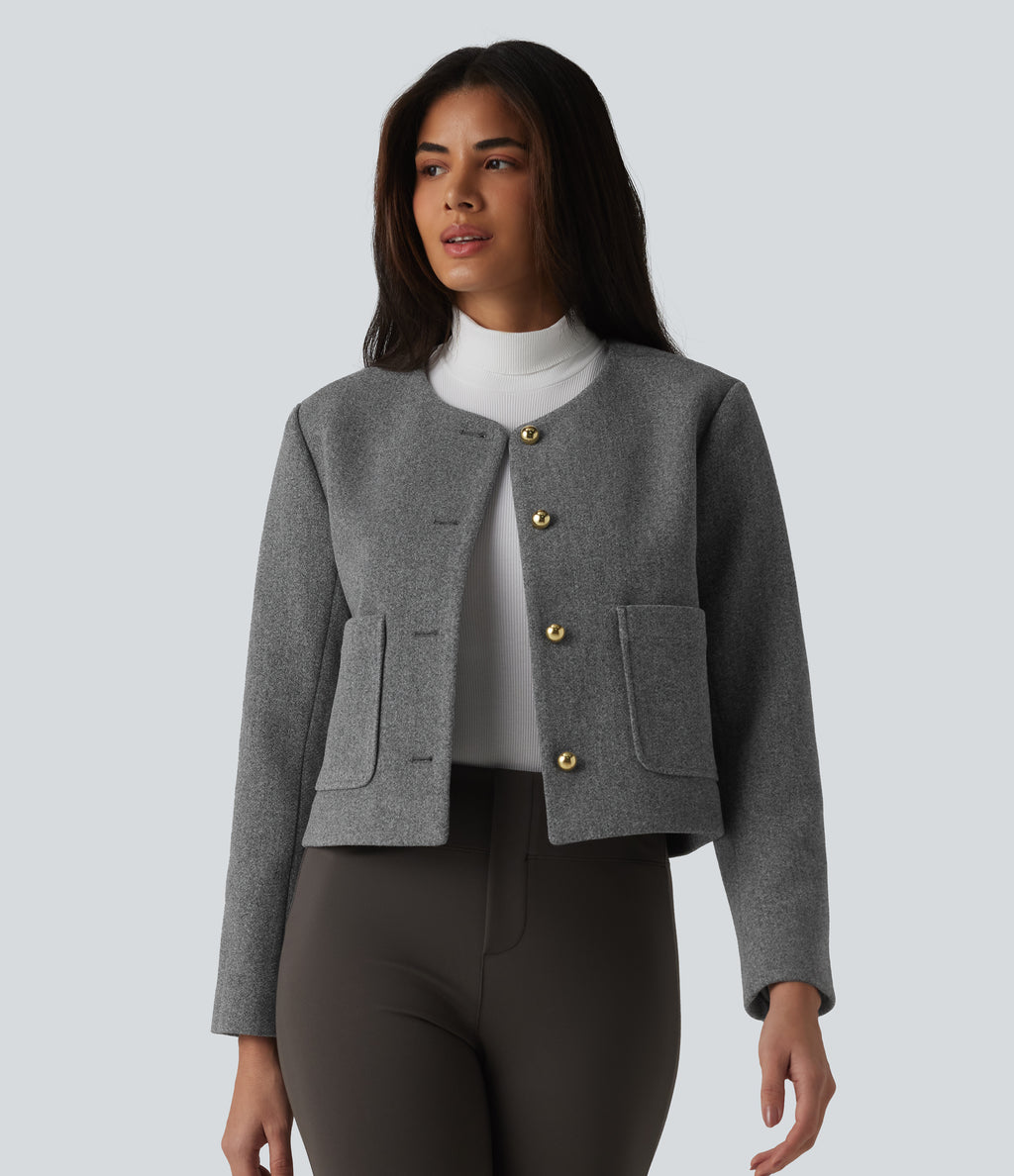 Round Neck Button Fly Work Jacket with Pockets — Darl Gray Floral Yarn — view 1