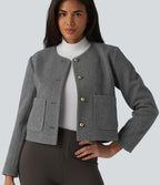 Round Neck Button Fly Work Jacket with Pockets — Darl Gray Floral Yarn — view 4