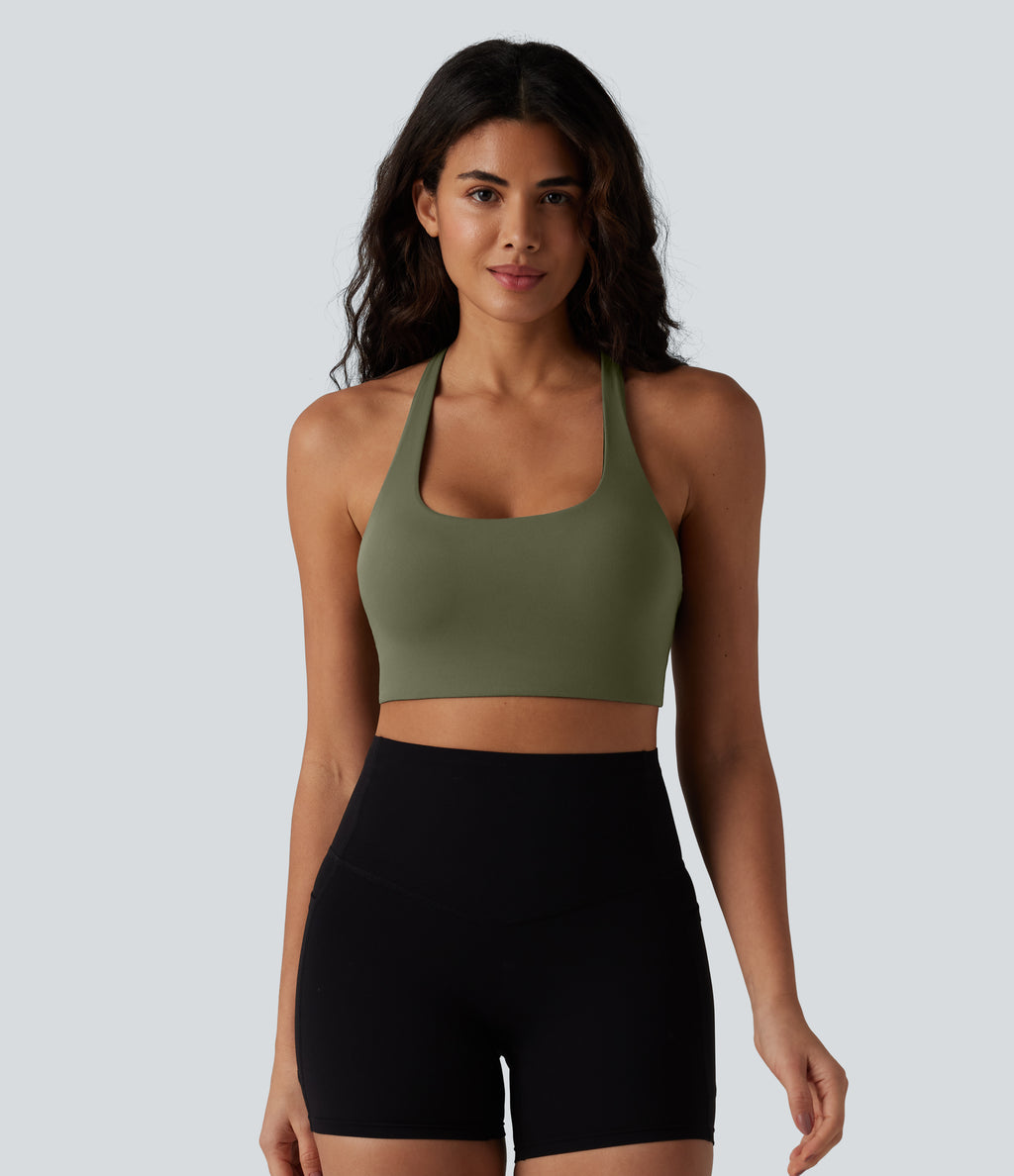Low Support Backless Adjustable Straps U-Neck Built-in Bra Yoga Sports Bra B-D Cups — Grass Grey Green — view 2