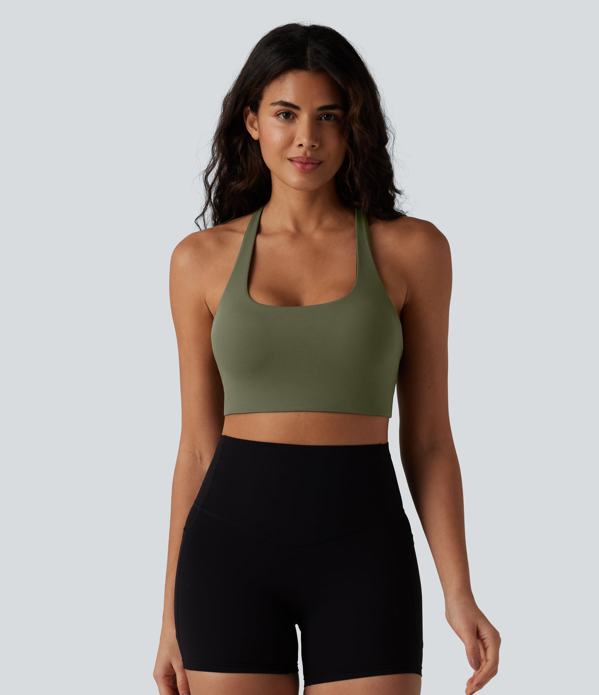 Low Support Backless Adjustable Straps U-Neck Built-in Bra Yoga Sports Bra B-D Cups — Grass Grey Green — view 2