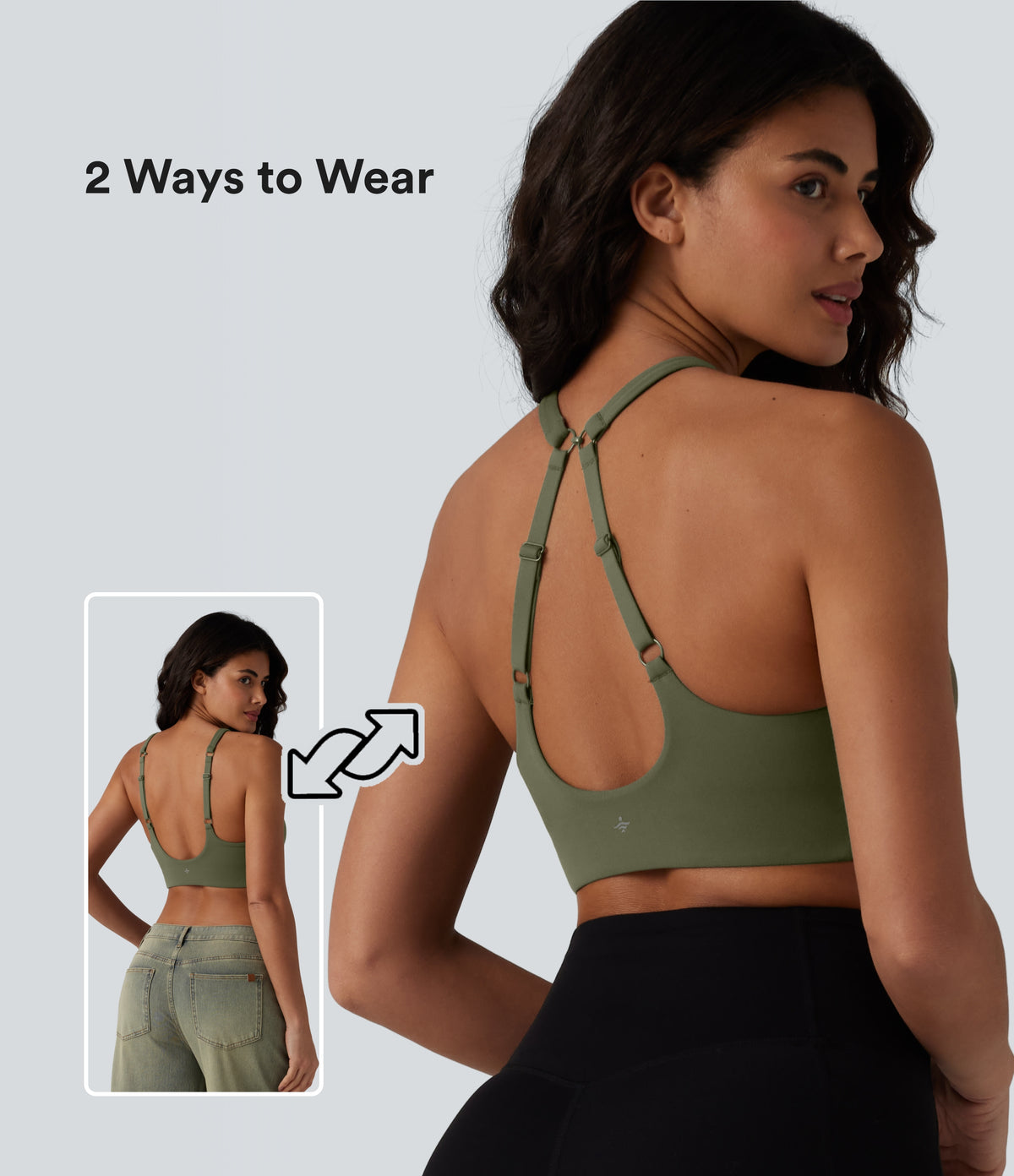 Low Support Backless Adjustable Straps U-Neck Built-in Bra Yoga Sports Bra B-D Cups — Grass Grey Green — view 1