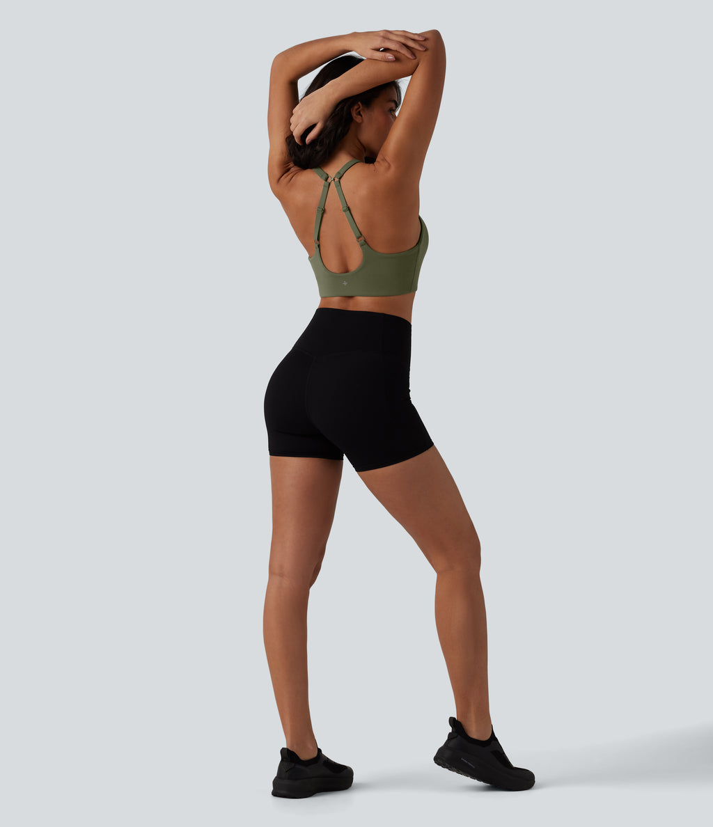 Low Support Backless Adjustable Straps U-Neck Built-in Bra Yoga Sports Bra B-D Cups — Grass Grey Green — view 7