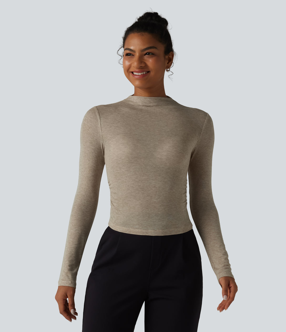 Mock-neck Long Sleeve Ruched Wool-Blend Work Top — Ephedra Ash — view 3