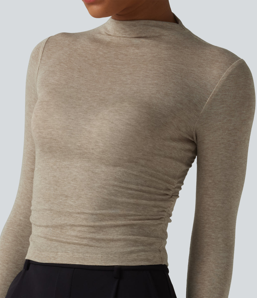 Mock-neck Long Sleeve Ruched Wool-Blend Work Top — Ephedra Ash — view 5