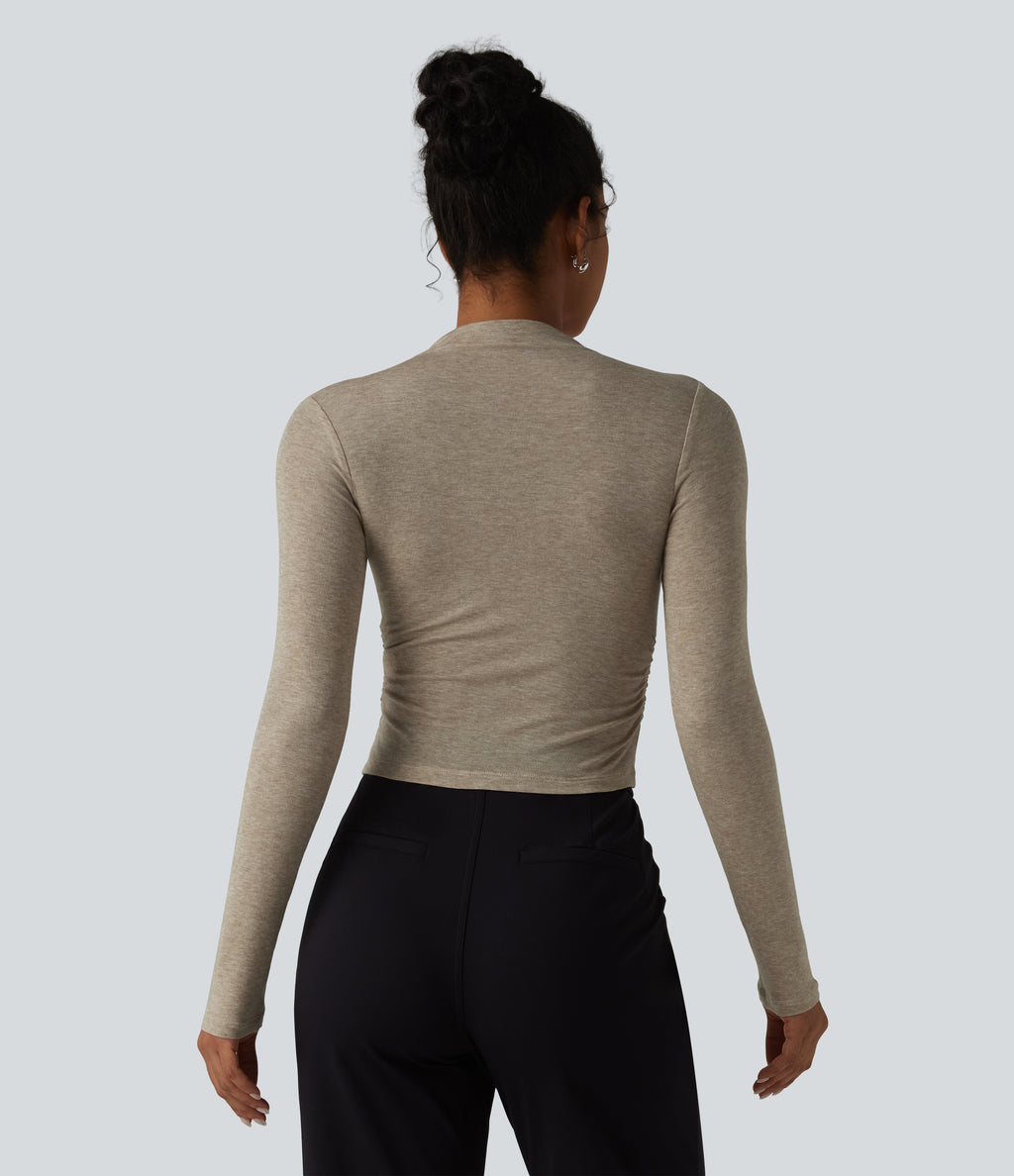Mock-neck Long Sleeve Ruched Wool-Blend Work Top — Ephedra Ash — view 2