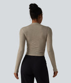 Mock-neck Long Sleeve Ruched Wool-Blend Work Top — Ephedra Ash — view 2