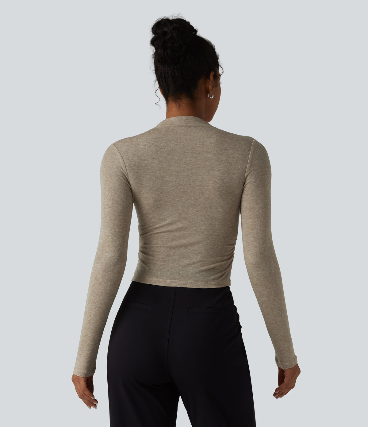 Mock-neck Long Sleeve Ruched Wool-Blend Work Top — Ephedra Ash — view 2