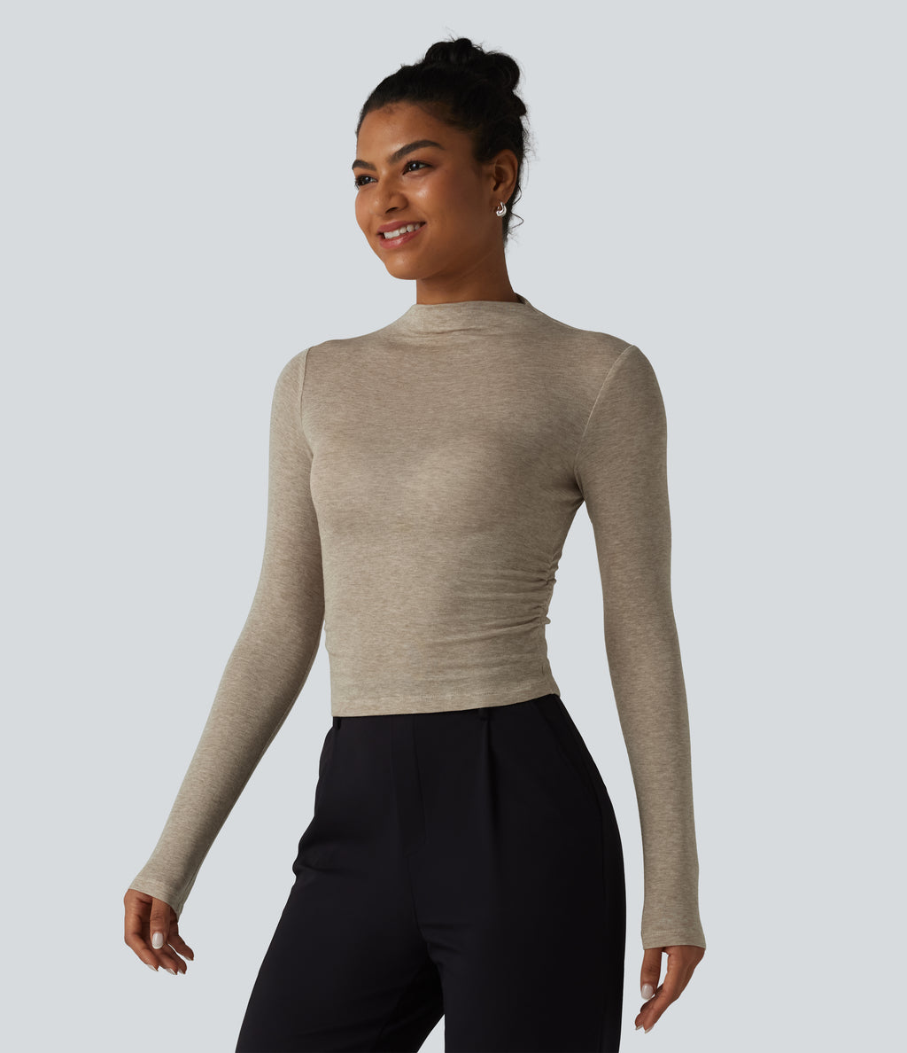 Mock-neck Long Sleeve Ruched Wool-Blend Work Top — Ephedra Ash — view 1