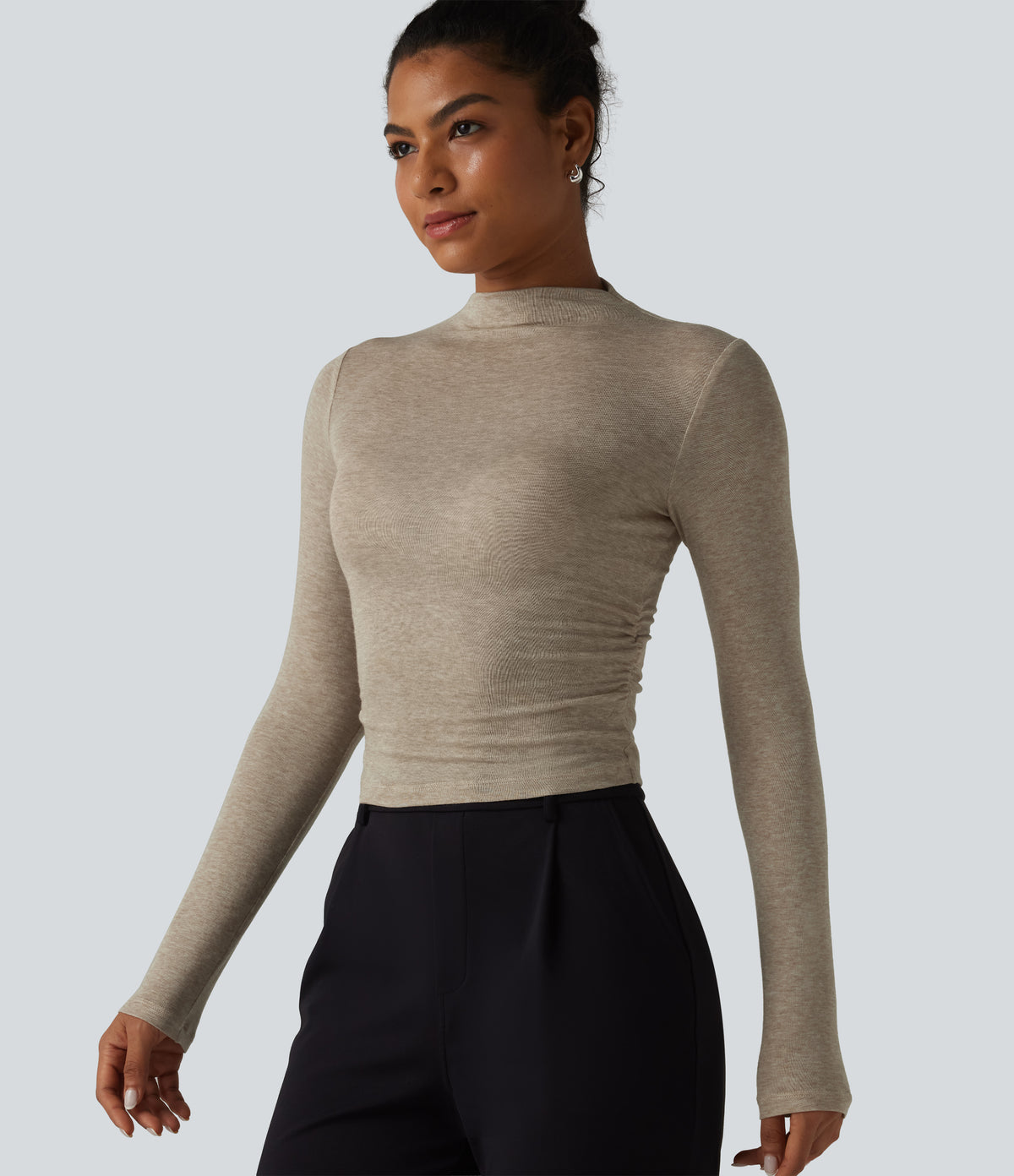 Mock-neck Long Sleeve Ruched Wool-Blend Work Top — Ephedra Ash — view 4