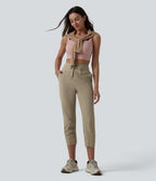 High Waisted Drawstring Ruched Running Cropped Joggers with Pockets — Silver Mink — view 7