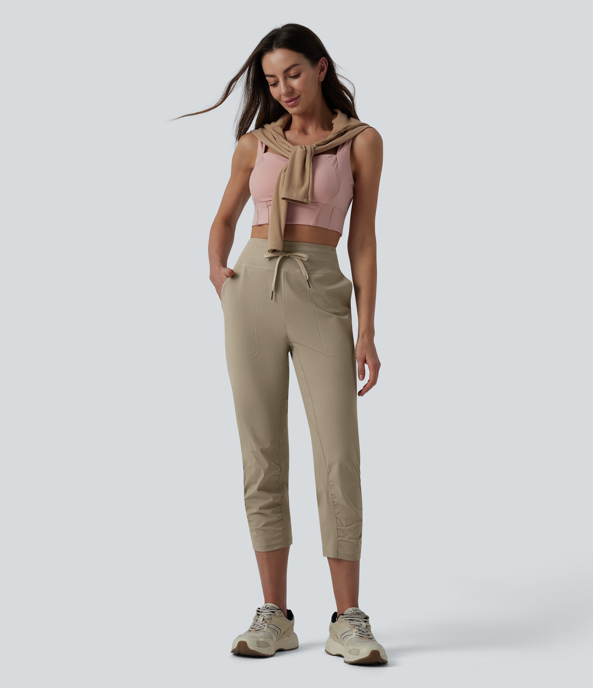 High Waisted Drawstring Ruched Running Cropped Joggers with Pockets — Silver Mink — view 7