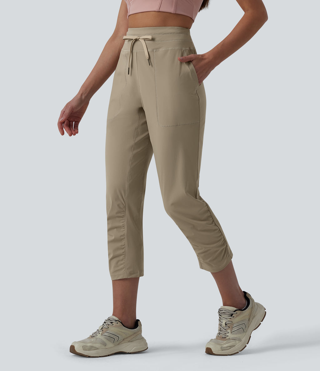 High Waisted Drawstring Ruched Running Cropped Joggers with Pockets — Silver Mink — view 1
