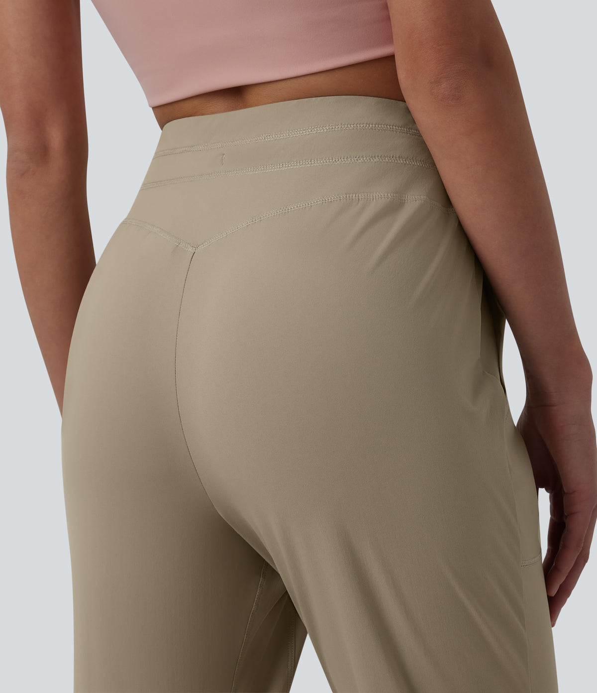 High Waisted Drawstring Ruched Running Cropped Joggers with Pockets — Silver Mink — view 5