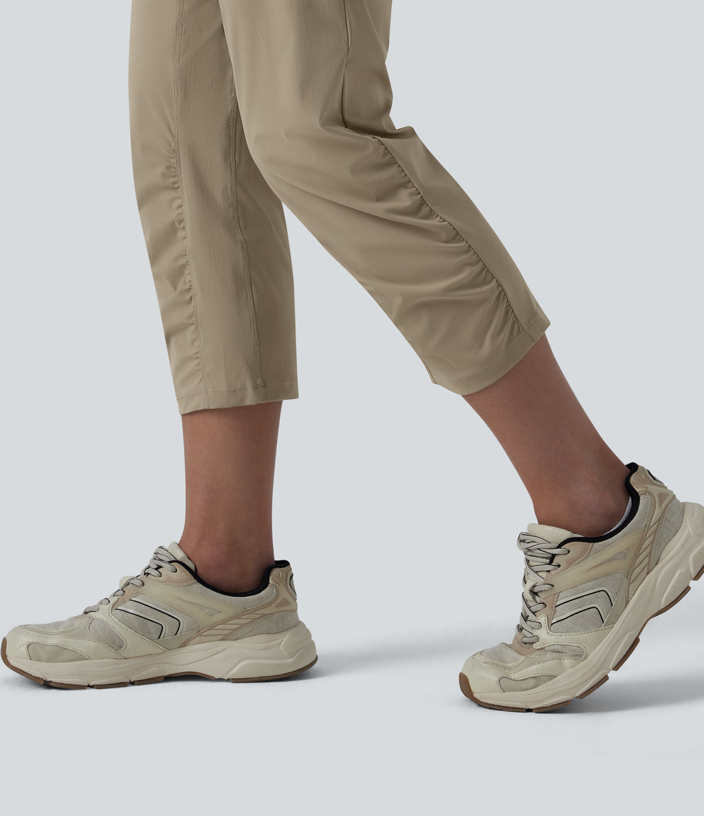 High Waisted Drawstring Ruched Running Cropped Joggers with Pockets — Silver Mink — view 6