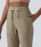 High Waisted Drawstring Ruched Running Cropped Joggers with Pockets — Silver Mink — view 4