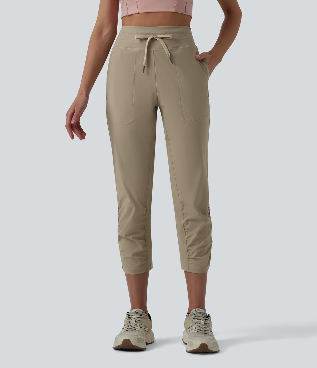 High Waisted Drawstring Ruched Running Cropped Joggers with Pockets — Silver Mink — view 3