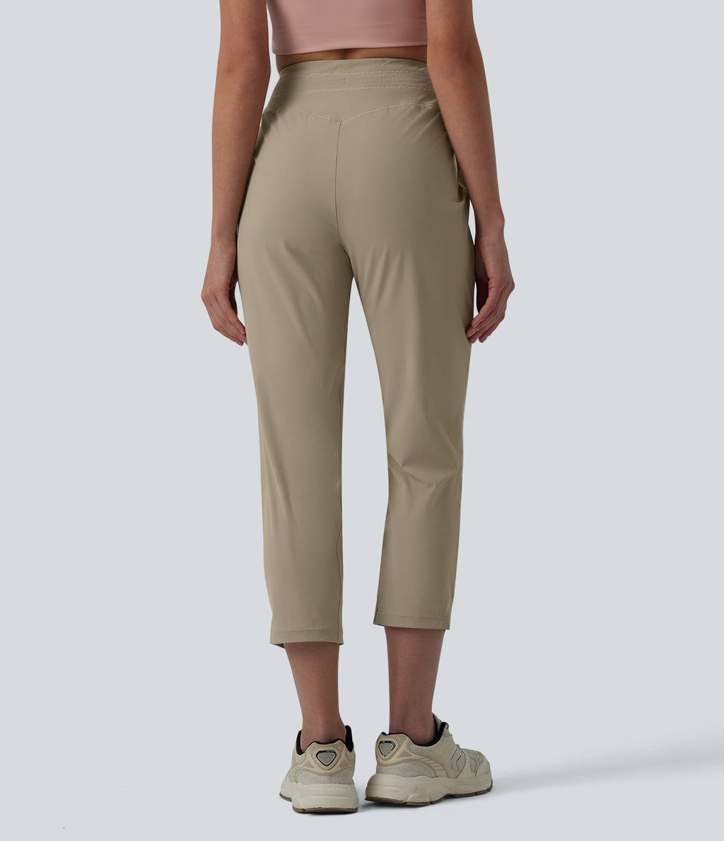 High Waisted Drawstring Ruched Running Cropped Joggers with Pockets — Silver Mink — view 2