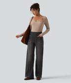 High Waisted Tummy Control Casual Wide Leg Jeans with Pockets — Phantom Denim — view 6