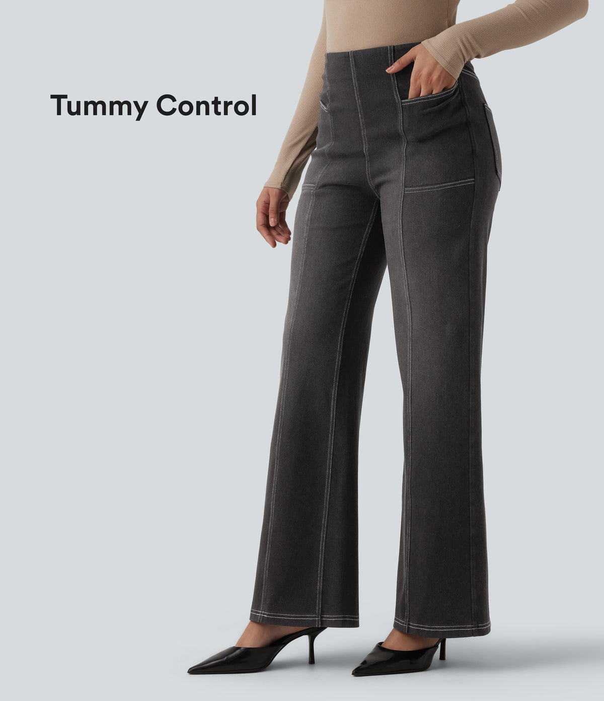 High Waisted Tummy Control Casual Wide Leg Jeans with Pockets — Phantom Denim — view 1